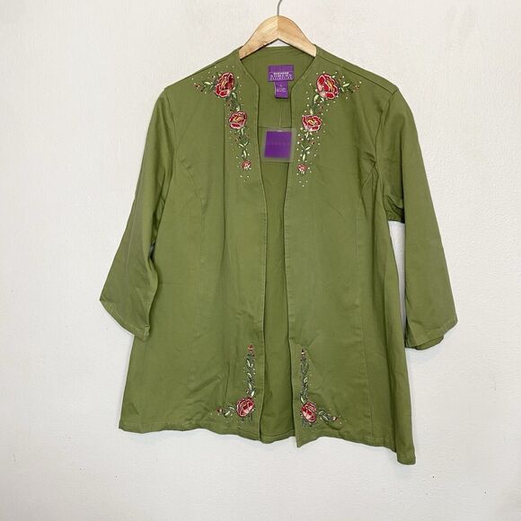 New Suzanne Somers‎ Green Floral Embroidered Rhinestone Jacket Women’s Large - Picture 1 of 12